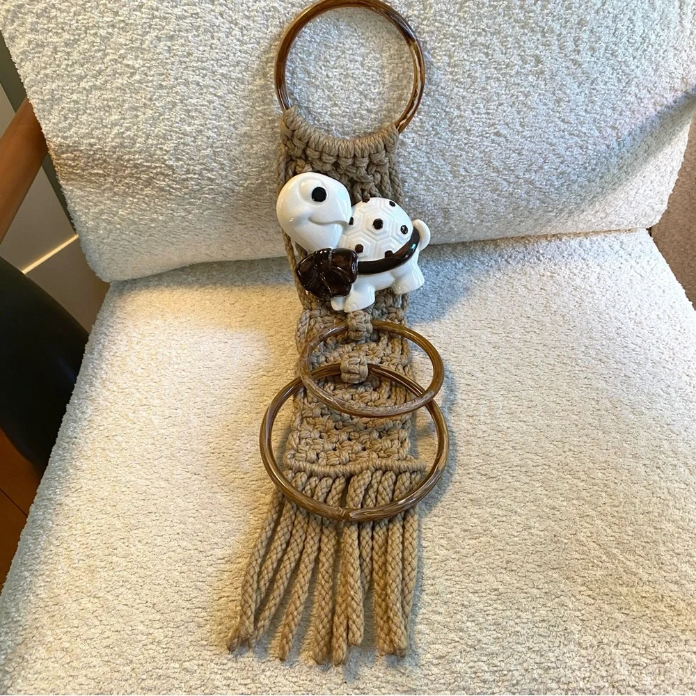 Vintage MCM Macrame Bathroom Towel Holder W/ Ceramic Turtle Accent Towel Rings
