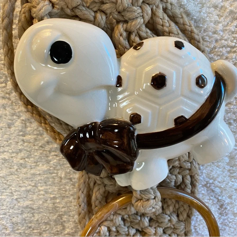 Vintage MCM Macrame Bathroom Towel Holder W/ Ceramic Turtle Accent Towel Rings