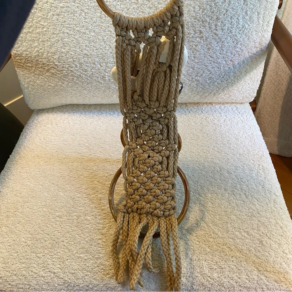 Vintage MCM Macrame Bathroom Towel Holder W/ Ceramic Turtle Accent Towel Rings