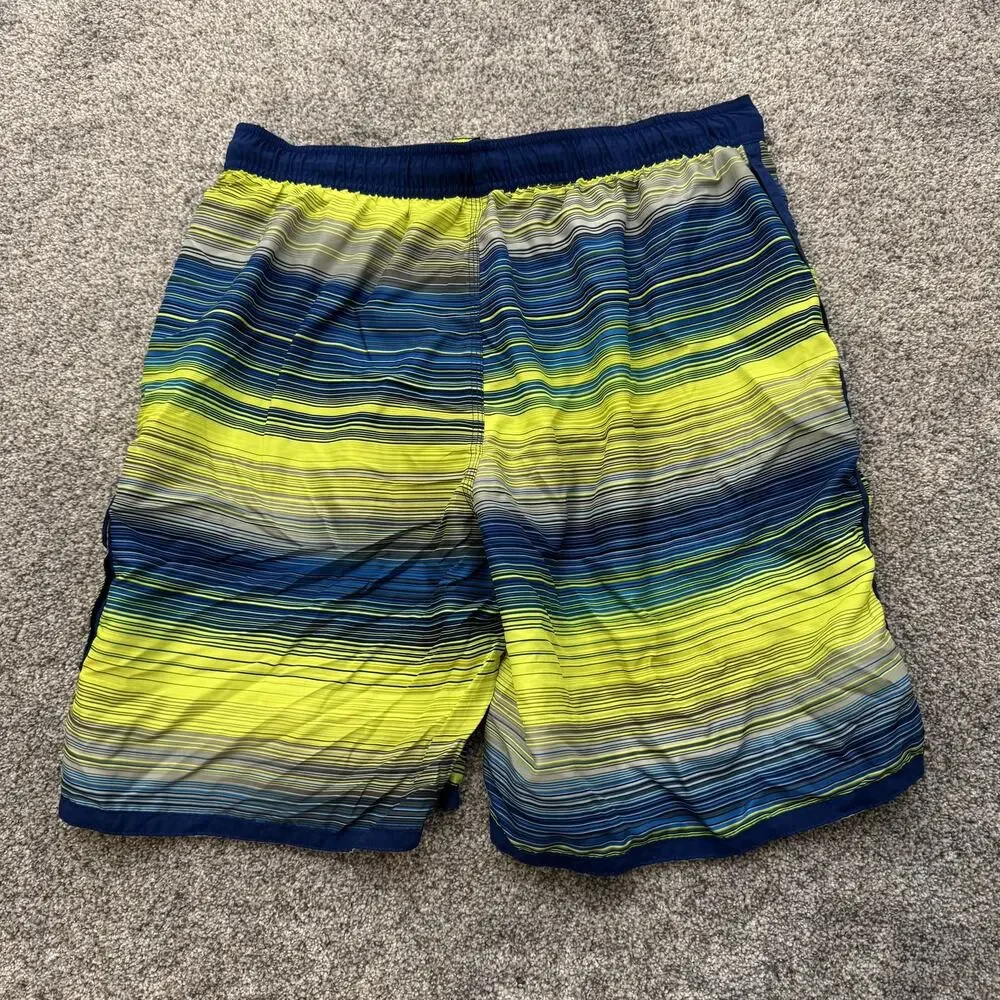 Nike Swim Trunks Mens Large Blue Yellow Striped Board Shorts Pocket Polyester