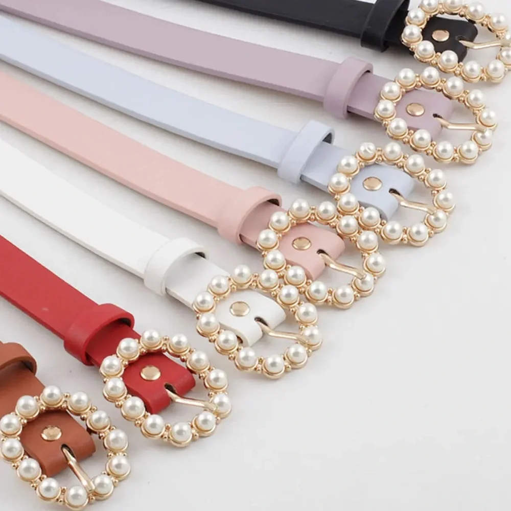 Elegant White Faux Leather Belt with Pearl-Embellished Oval Buckle