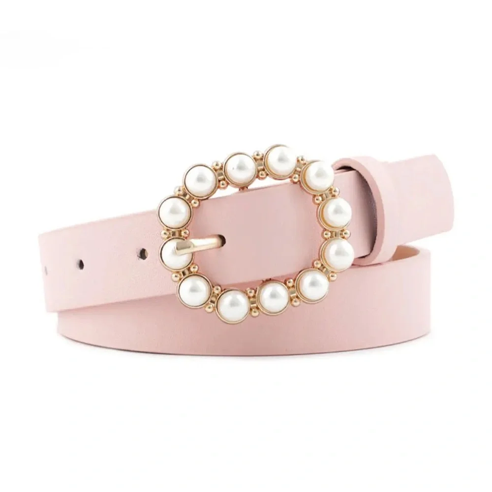 Elegant White Faux Leather Belt with Pearl-Embellished Oval Buckle