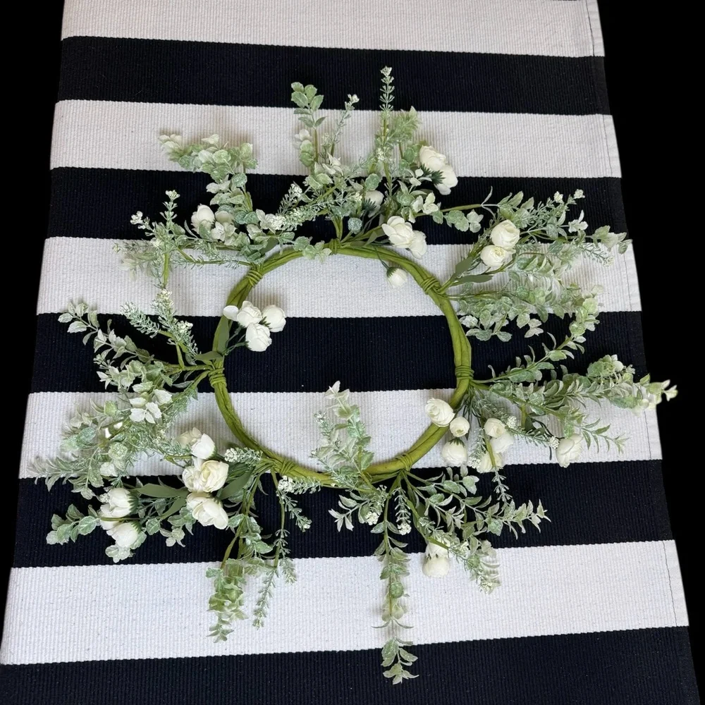 Lovely and Realistic White Faux Floral Wreath with Frosted Green Stems- 12”