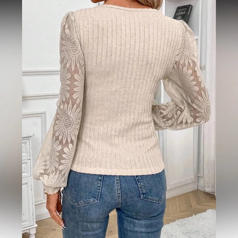 Blue Floral Sleeve Ribbed Sweater