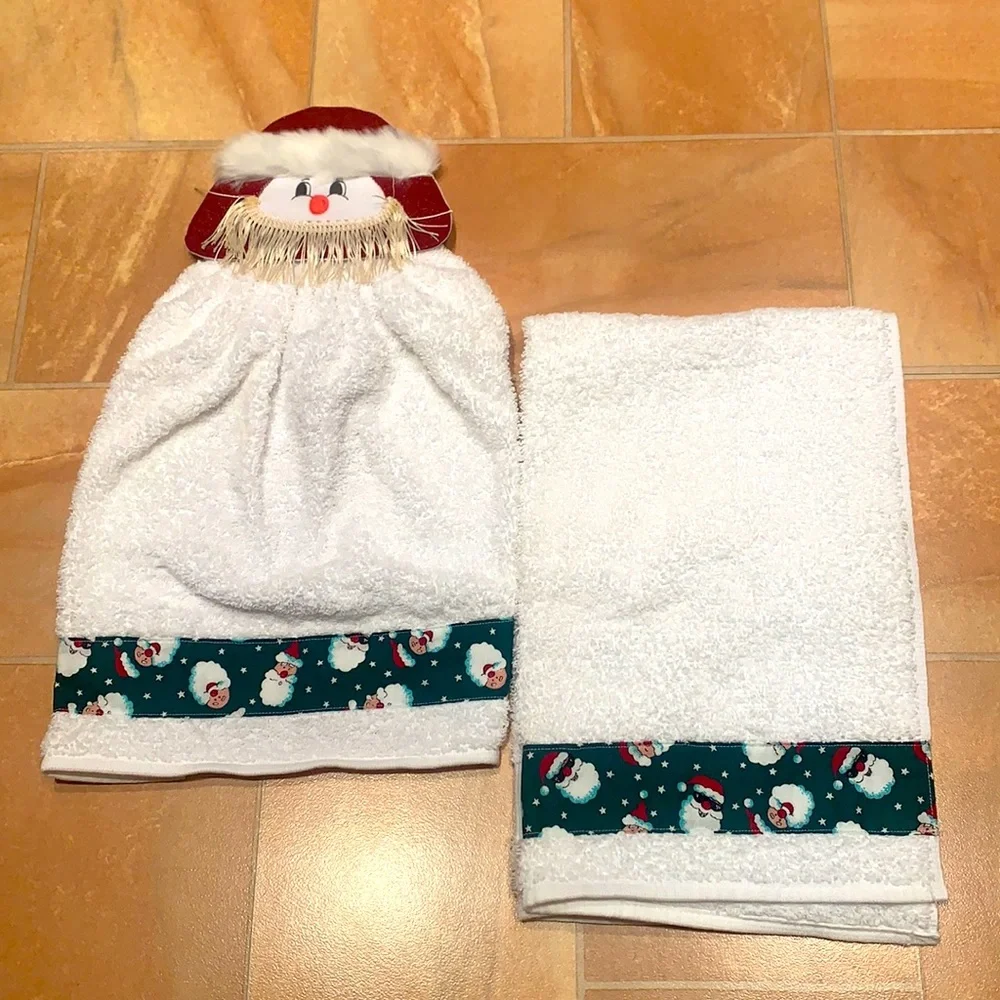 White Christmas Snowman Santa Clause Holiday Decorative Hand Towel Set