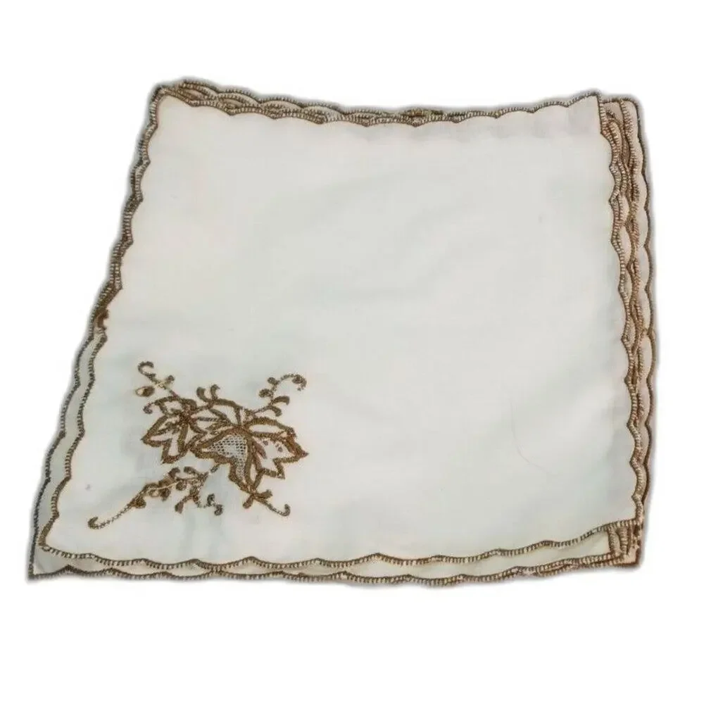 1970s White Gold Cloth Embroidered Cocktail Napkin Glass Cover Set of 11