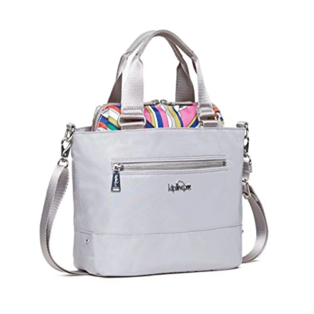Kipling Adelina Silver light grey pockets multicolor nylon Tote satchel Bag