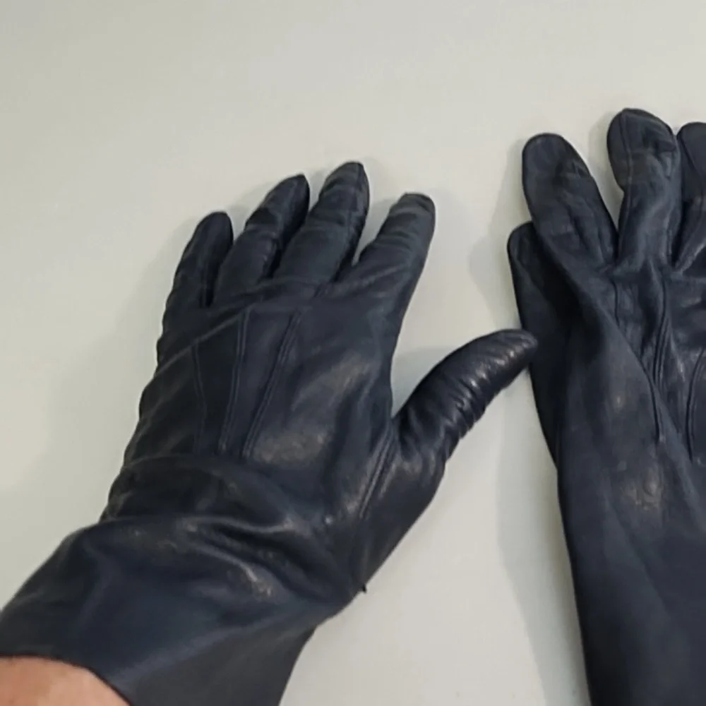Genuine Soft Supple Thin Leather Driving Gloves Top Detail Dark Nay Blue