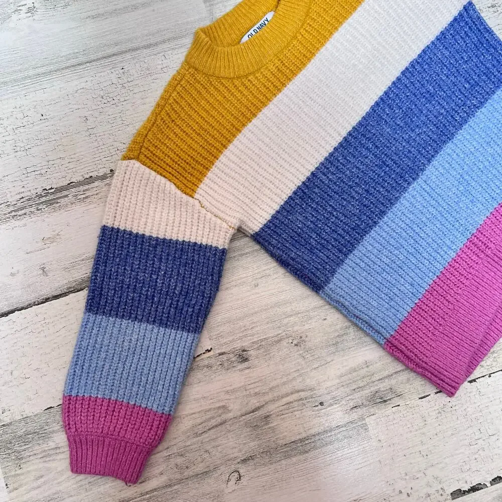 Old Navy Girls Sweater 4T Multi Colorblock Stripe Thick Knit Crewneck Pullover