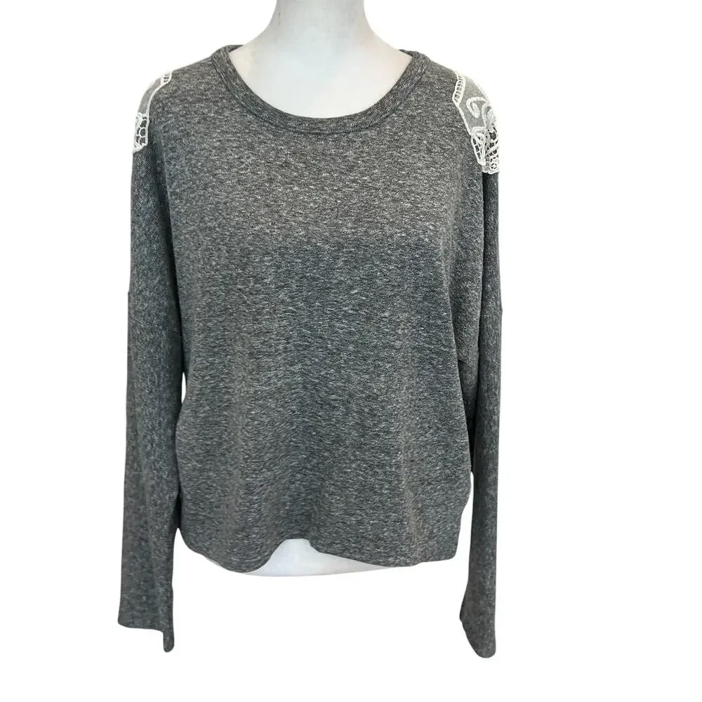 Anthropologie Lili's Closet Gray Knit Pullover White Lace Trim Womens Size Small