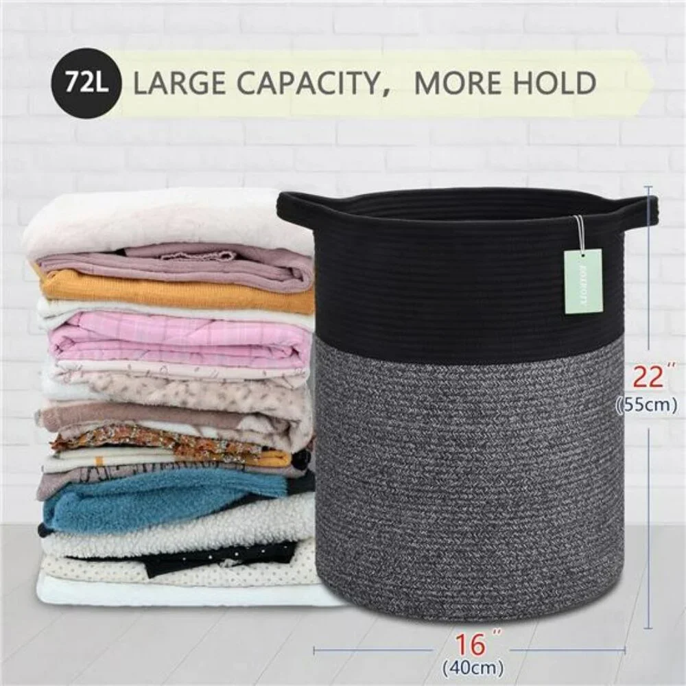 Large laundry hamper woven cotton rope basket 72L toy clothes blanket storage bi