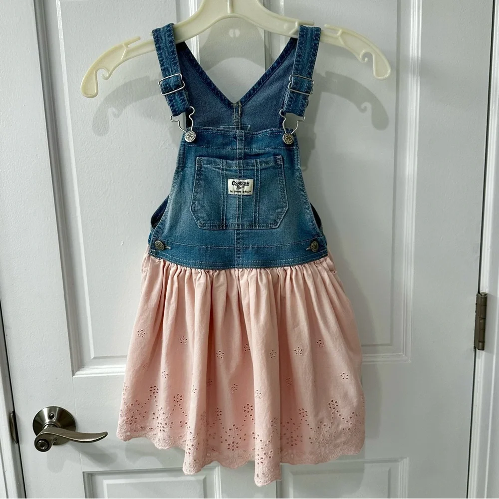 OshKosh B'gosh Girls Denim and Pale Pink Eyelet Overall Dress Sz 5T