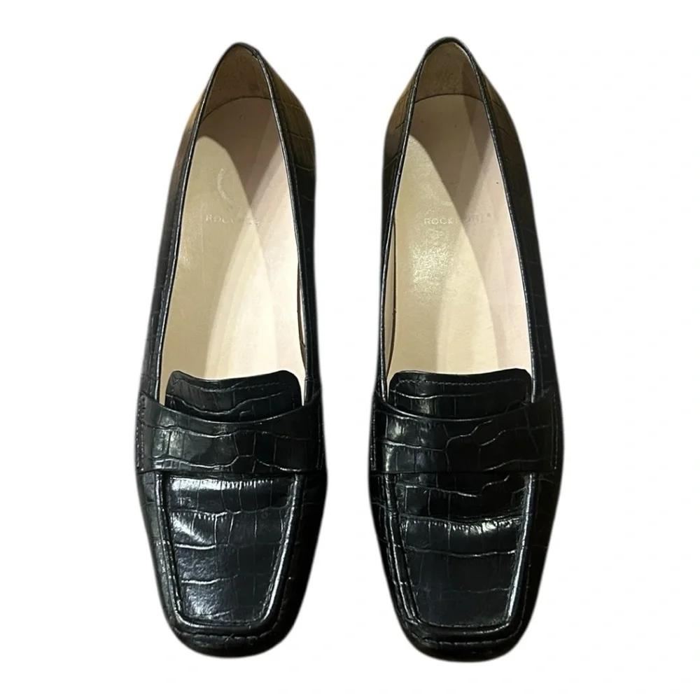 Rockport Embossed Square Toe Leather Loafers Black Size 7