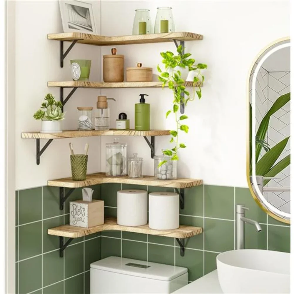 Floating Shelves for Wall, Rustic Wood Wall Mounted Corner Shelf for Bathroom
