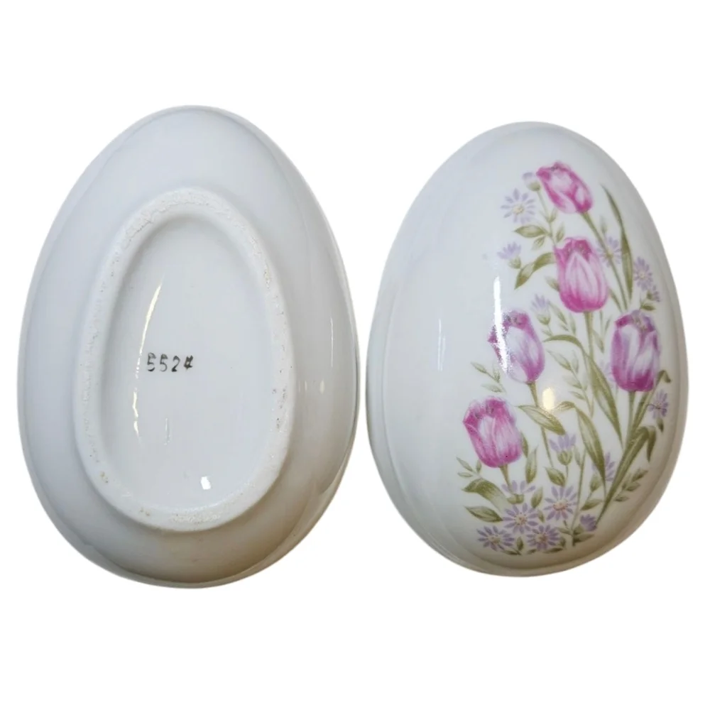 VTG Lefton Hand Painted Ceramic Porcelain Egg Trinket Jewlery Dish Purple Roses