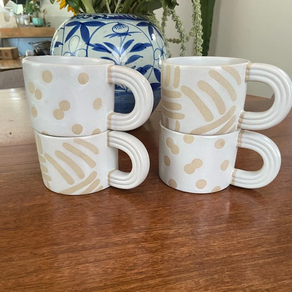 West Elm modern Polka Dot cream Ceramic Mugs Set of 4