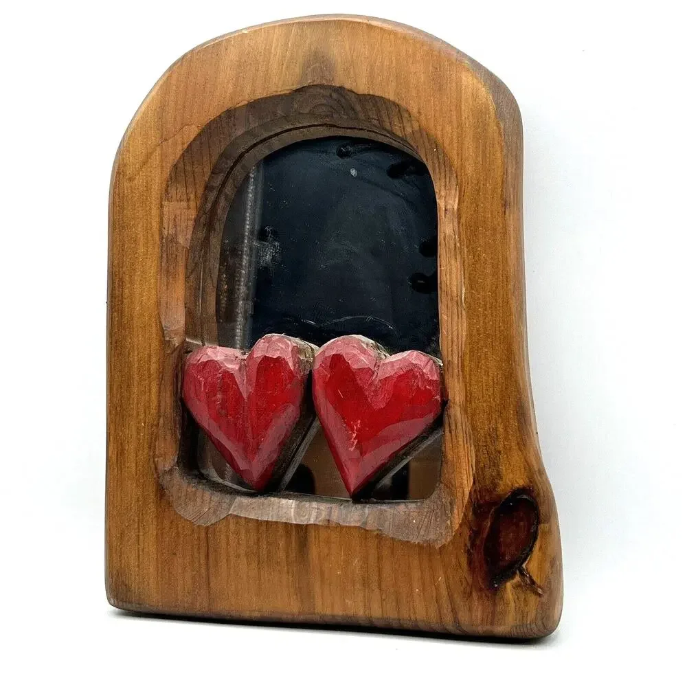 Hand Carved Wood Wall Mirror Double Heart Decorative 10x13