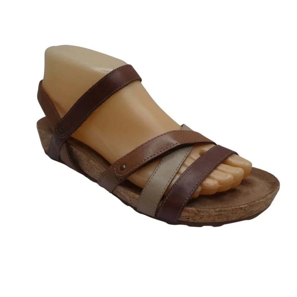 Walking Cradles Karen Brown Leather Open Toe Strappy Wedge Heel Sandals Womens 7