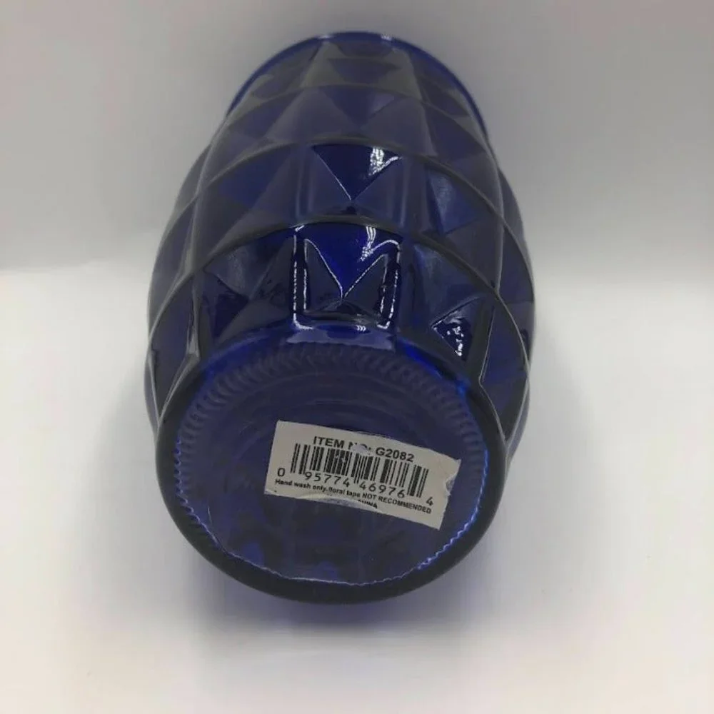 Vintage Cobalt Blue Glass Flower Vase Indoor Tabletop Décor Diamond Pattern