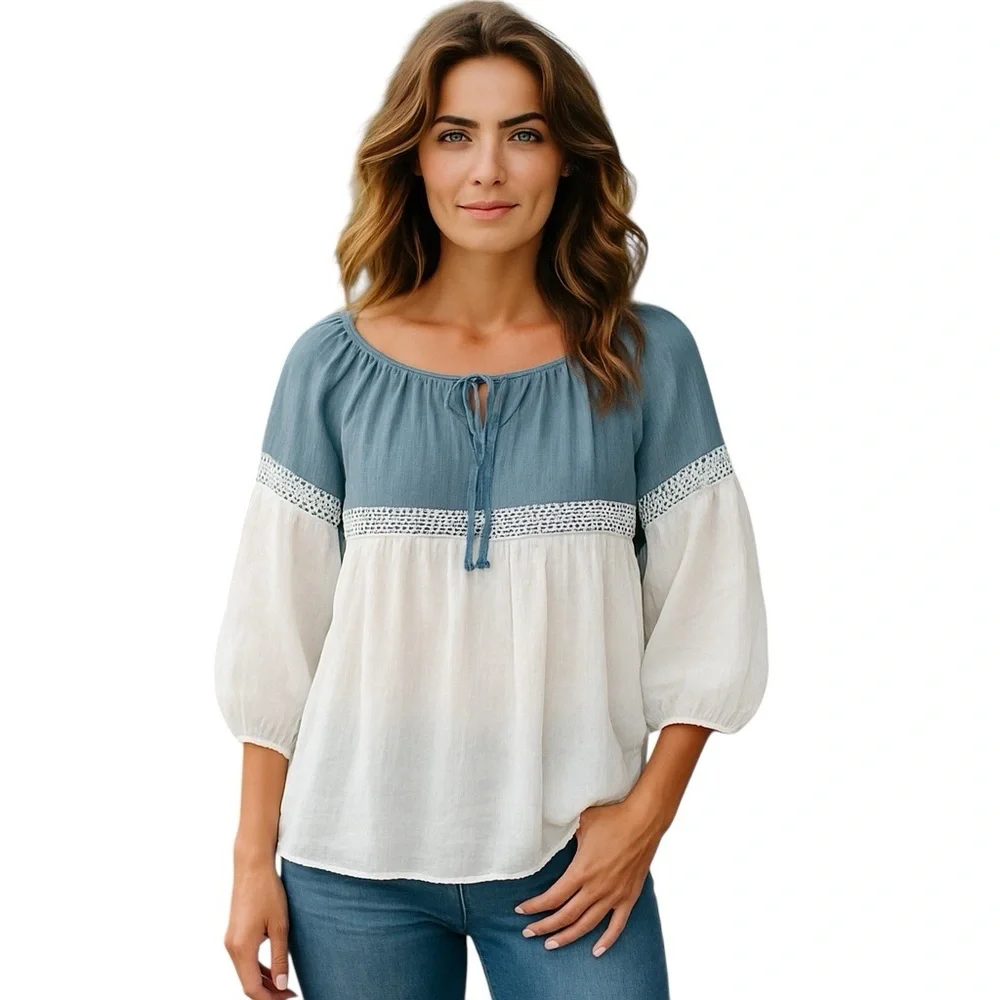 Kaktus NEW Blue White Chambray Boho Peasant Lace Tie Top 3/4 Balloon Sleeve L