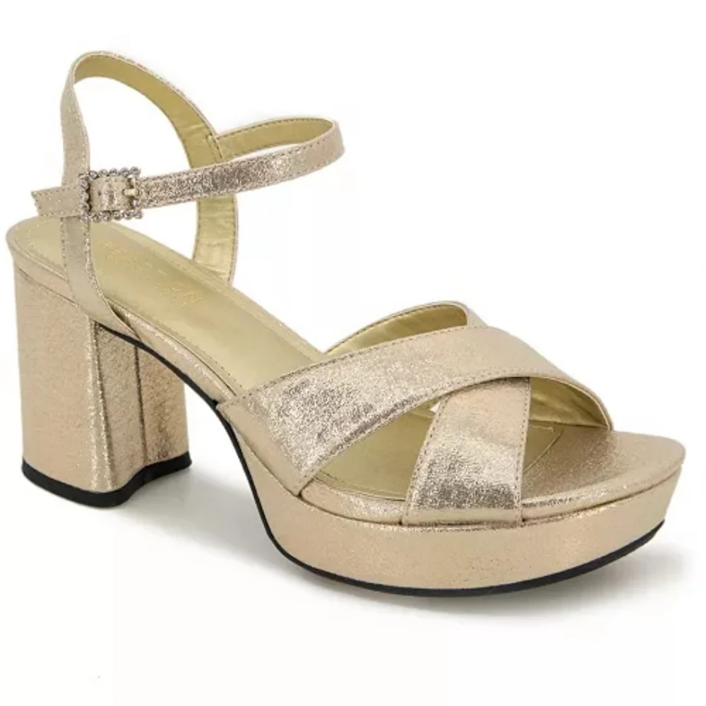 Kenneth Cole Reaction 7.5 Gold Block Heel Sandals Platform Strappy Party Glam