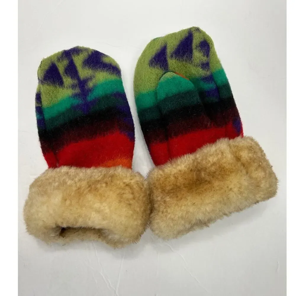 Unbranded Wool Mittens Unisex Large Multicolor Good Faux Fur Trim Striped Winter