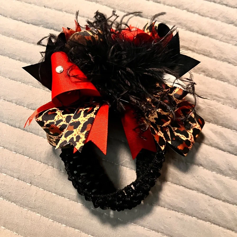 Leopard and Red with Feather Baby Hair Bow #23B