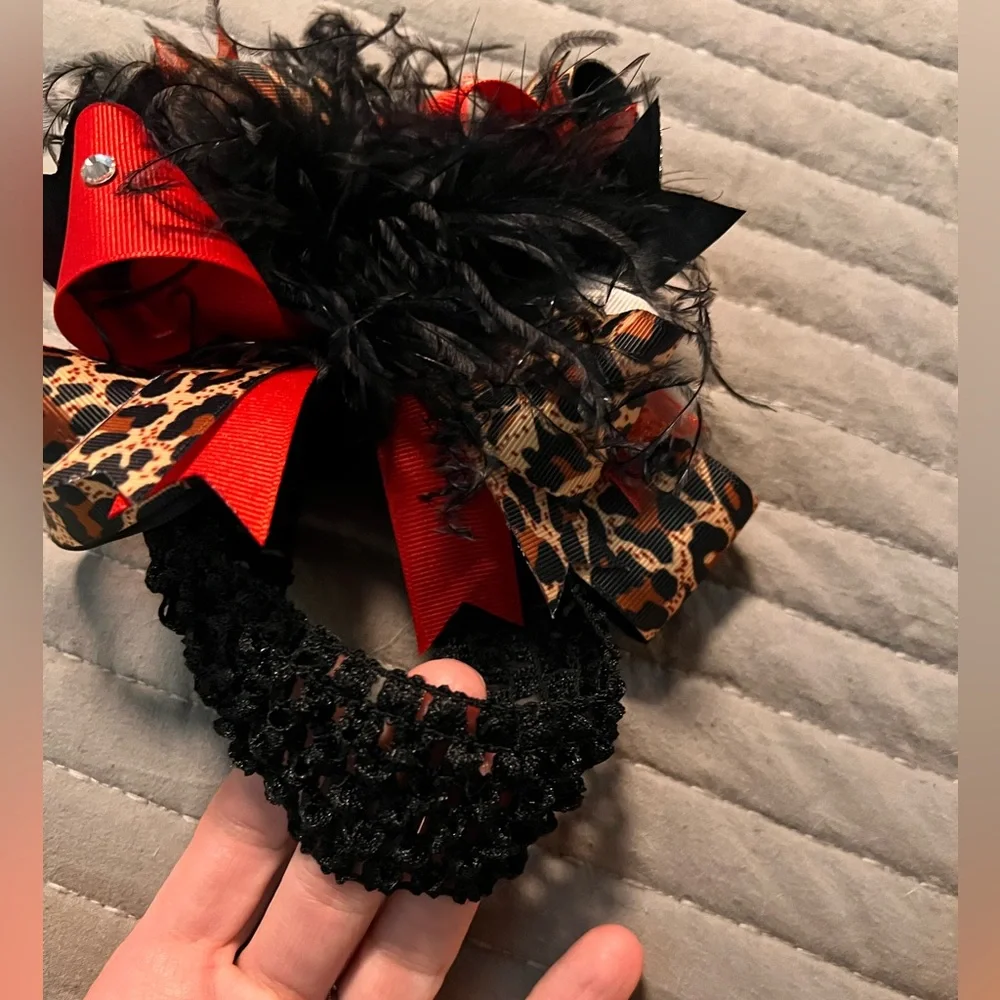 Leopard and Red with Feather Baby Hair Bow #23B