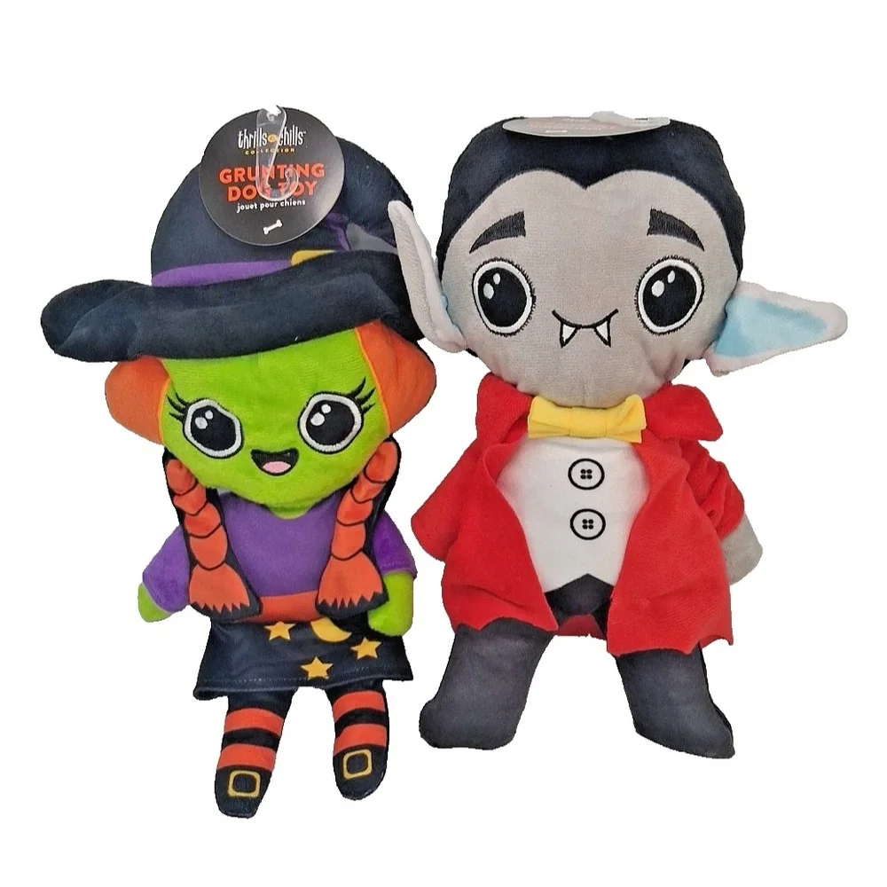 Thrills and Chills Halloween Creepy Dog Grunting Chew Toy Vampire Witch Bundle