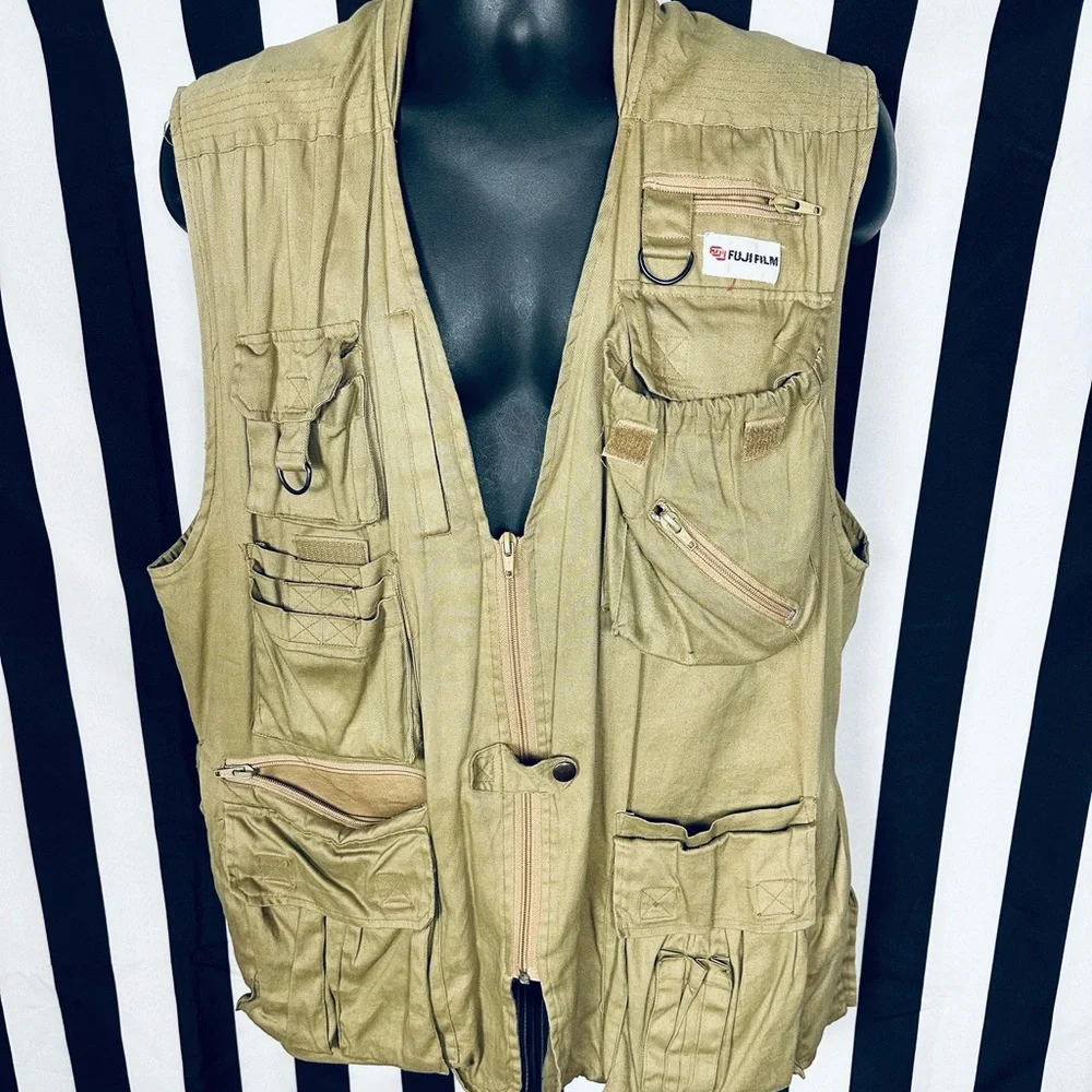 Fujifilm USA Vintage Photography Vest Cotton Tan Cargo Zip Pockets