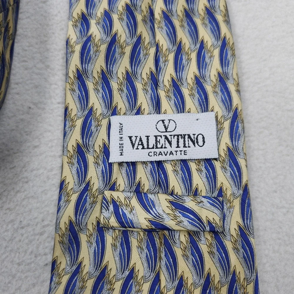 Valentino Cravatte Tie Mens Blue Beige Abstract Feather 100% Silk Italy Necktie
