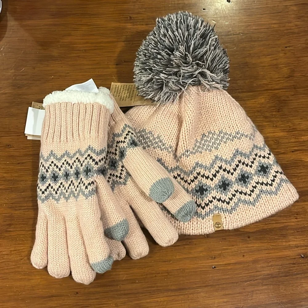 Timberland Winter Pom Hat and Gloves Set new pink Acrylic One Size Women’s