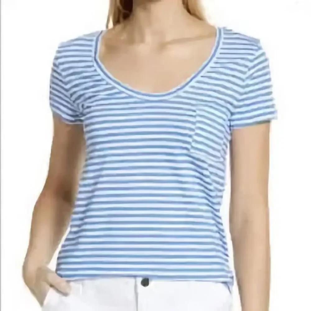 Caslon TShirt Womens XXSmall Blue White Brooke Striped Front Pocket Scoop Neck