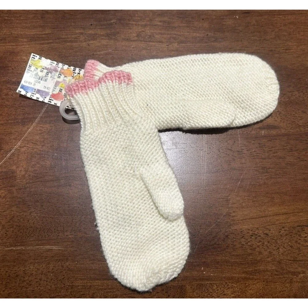 Girls size youth 8 to 16 Ivory and pink acrylic mittens