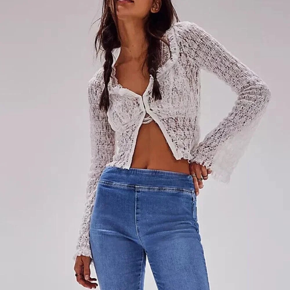 Free People FP One Madison Top Smocked Lace Sheer Hook-Front