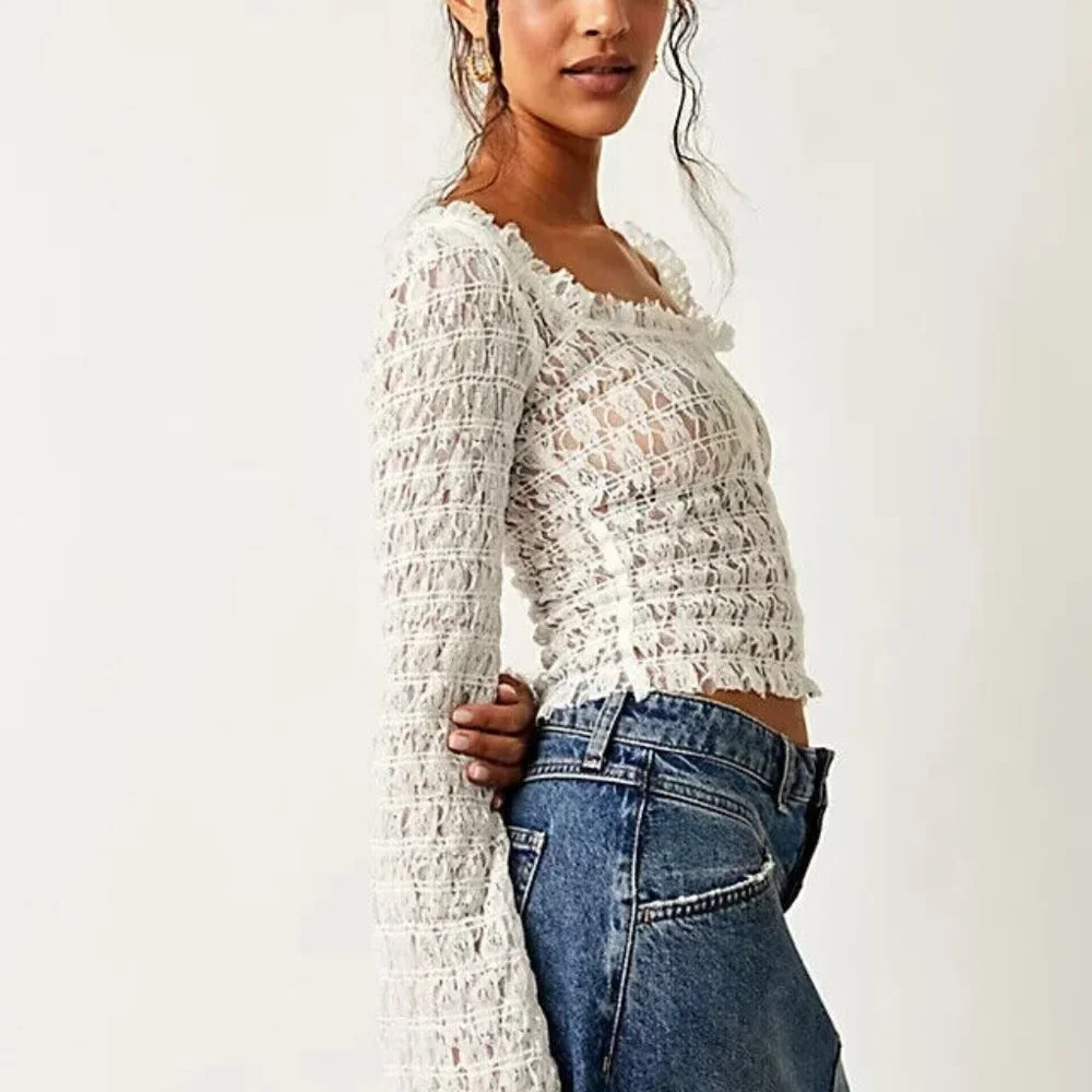 Free People FP One Madison Top Smocked Lace Sheer Hook-Front