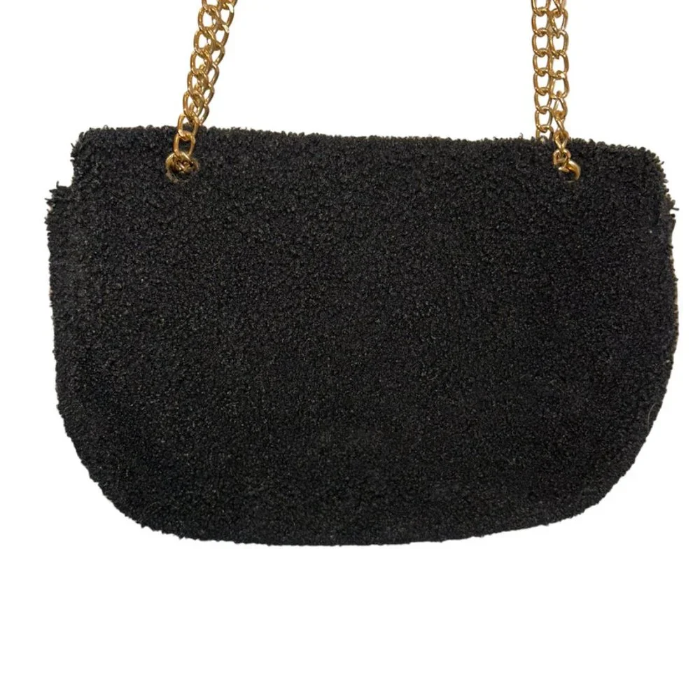 Black Teddy Bear Sherpa gold chain shoulder hand bag