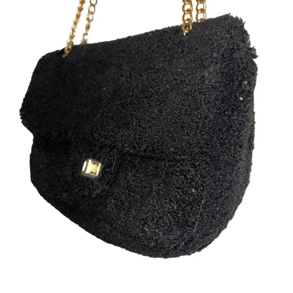 Black Teddy Bear Sherpa gold chain shoulder hand bag
