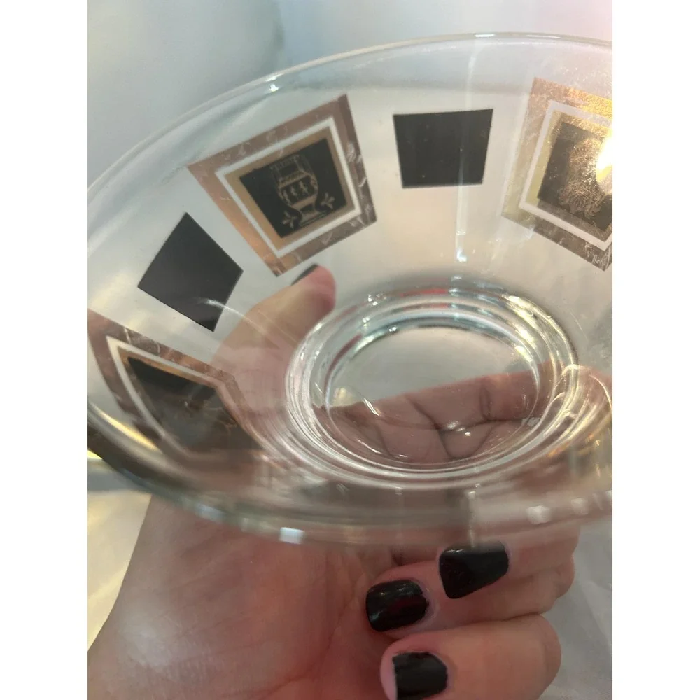 Small bar ware bowl with etched gold and black tone designs
