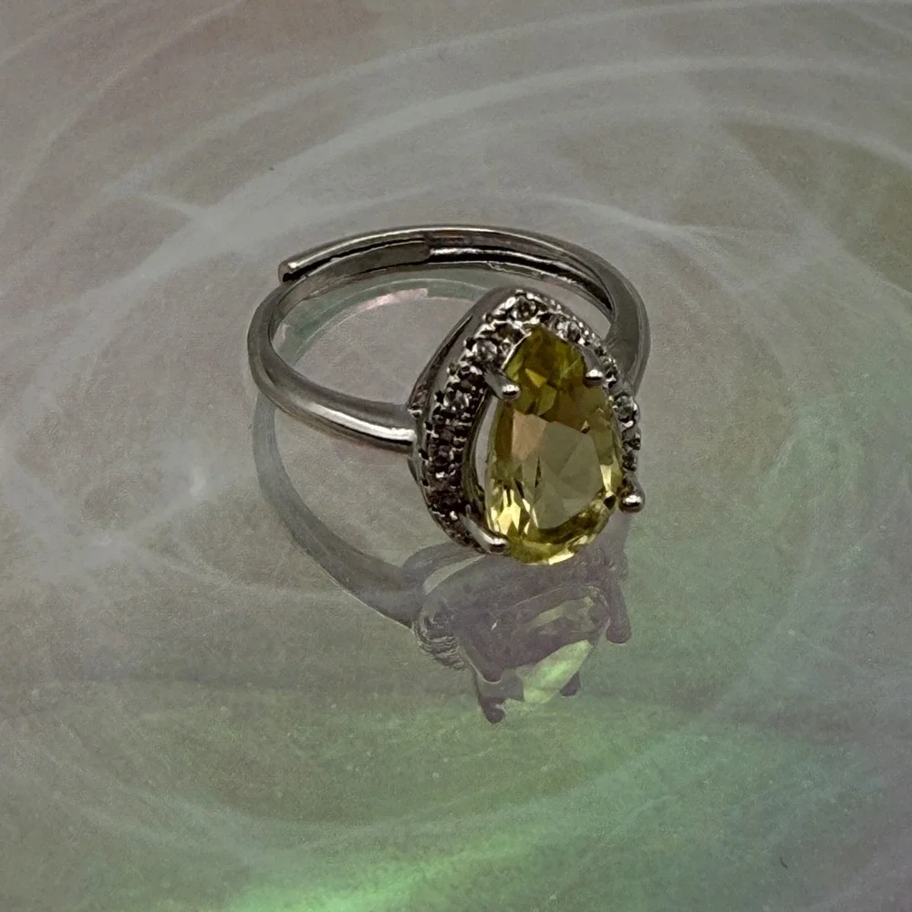 Citrine‎ Yellow Pear Halo Ring Adjustable Silver Tone Fashion Jewelry Women's