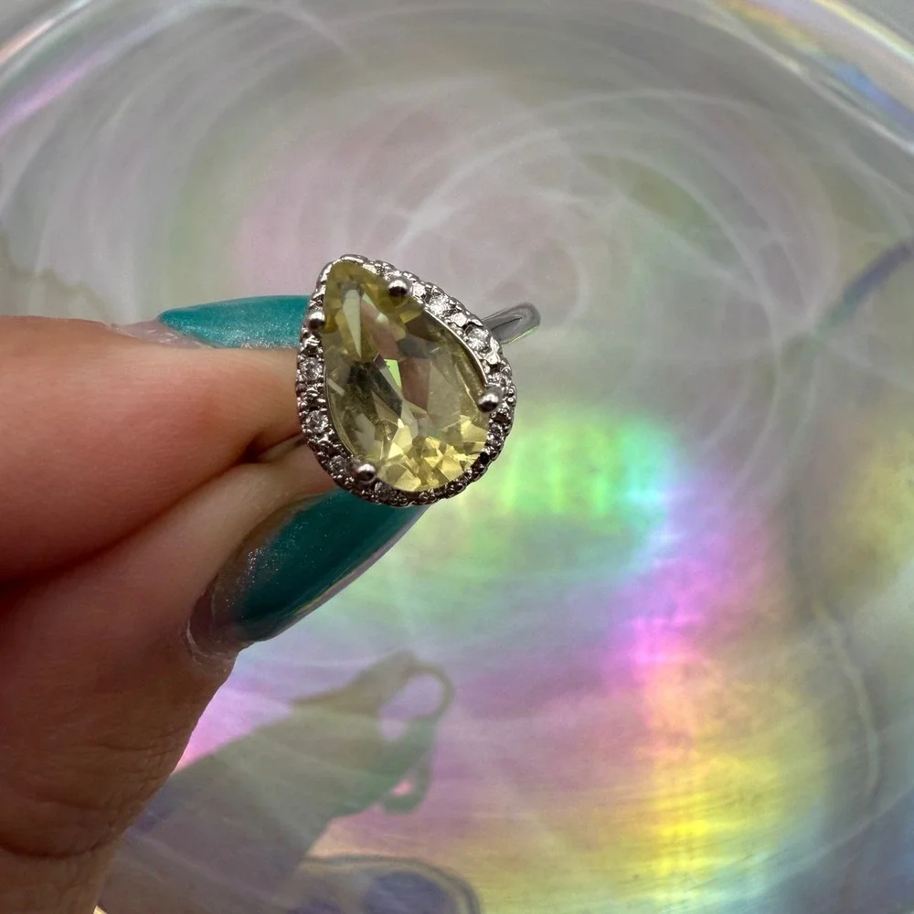 Citrine‎ Yellow Pear Halo Ring Adjustable Silver Tone Fashion Jewelry Women's