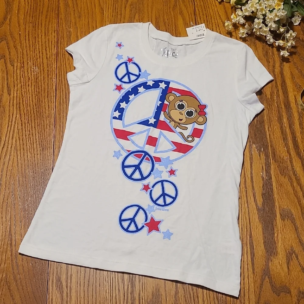 Justice NWT White Tee with Peace and Monkey Design - Girl's 10
