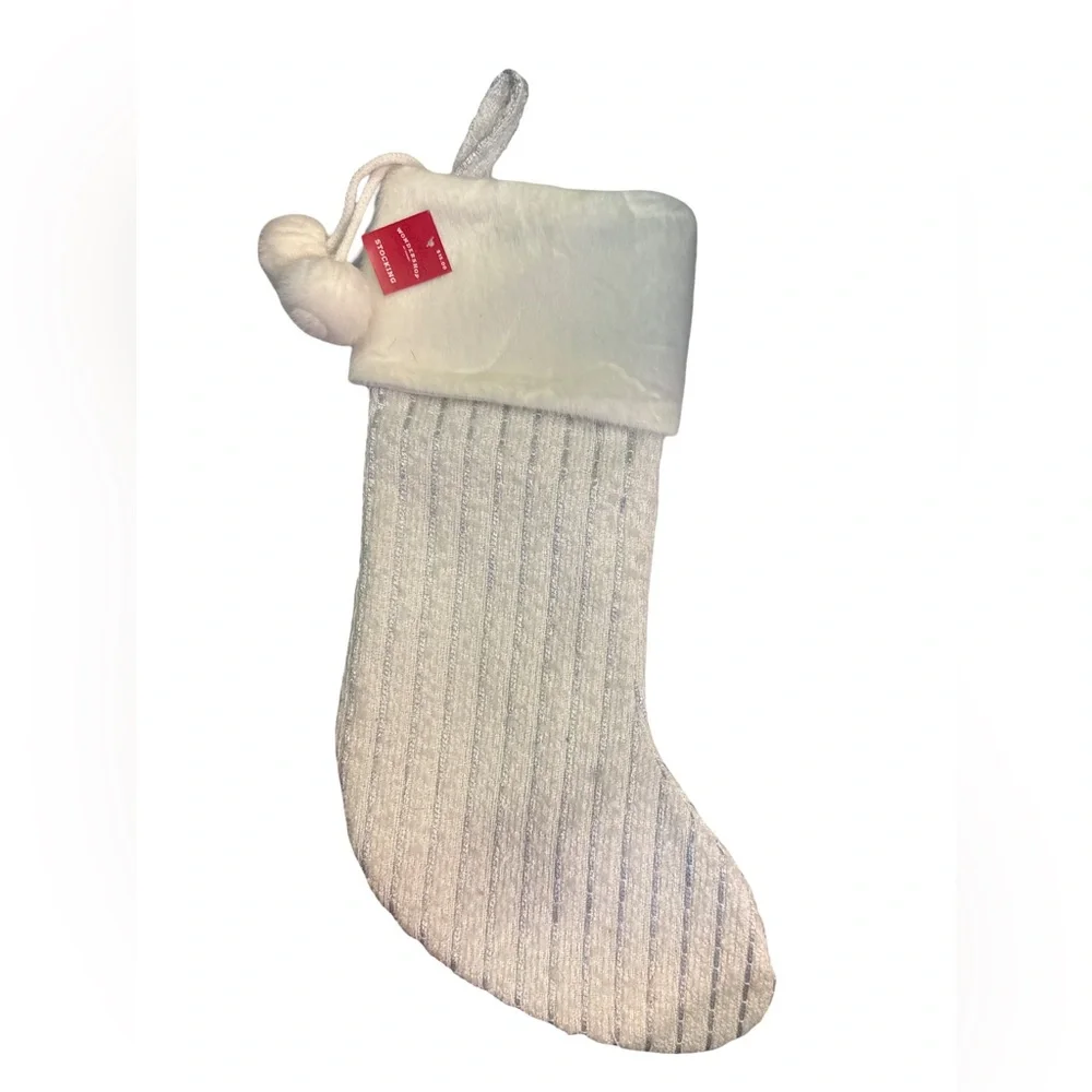 Wondershop Very Light Cream Christmas Stocking with Silver Stripes New with Tags