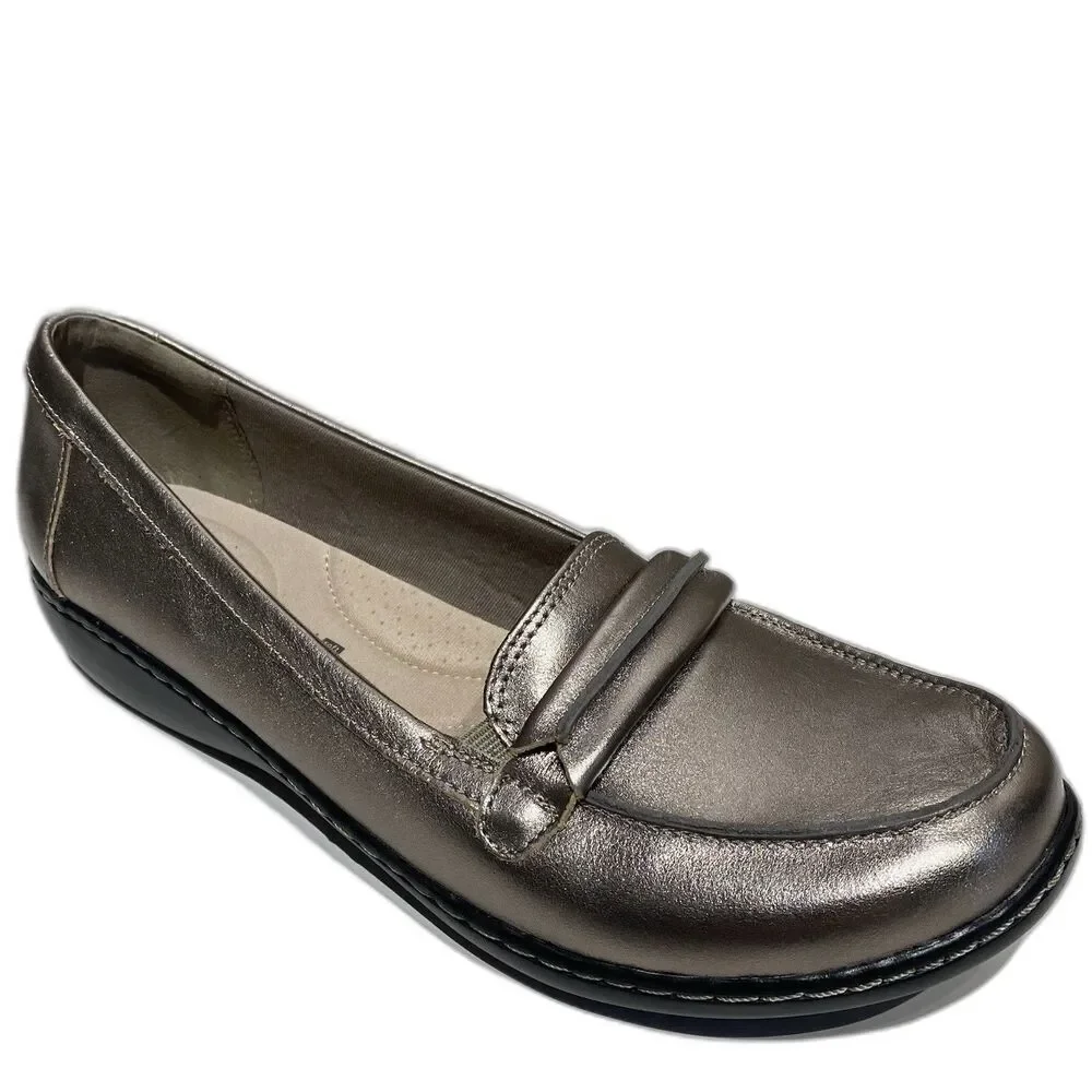 Clarks Ashland Lily Loafers Slip On Shoes Pewter Metallic Leather Women’s 11