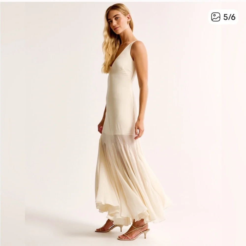 Abercrombie Plunge Godet Skirt Maxi Dress in Ivory Cream