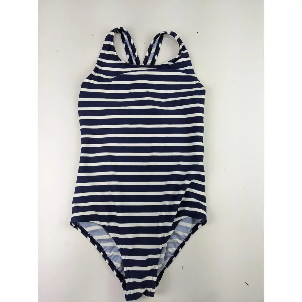 Land's End Navy & White Stripe Swimsuit Girls 8