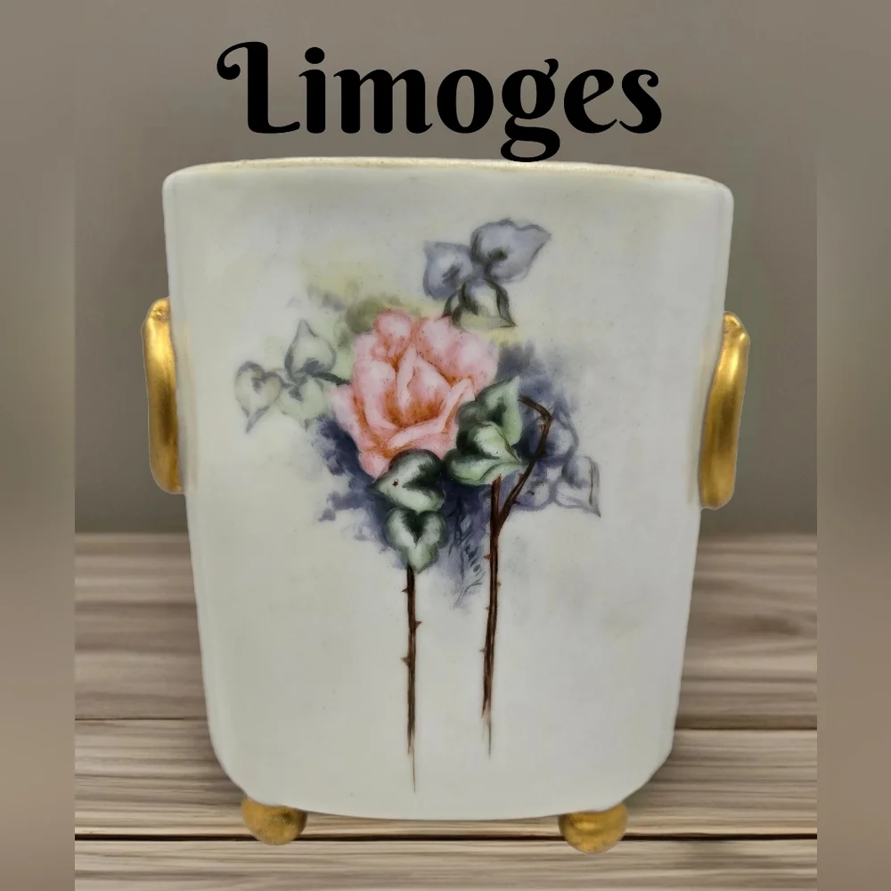 Antique Limoges France Cachepot Porcelain Hand-painted Pink Rose William Guerin