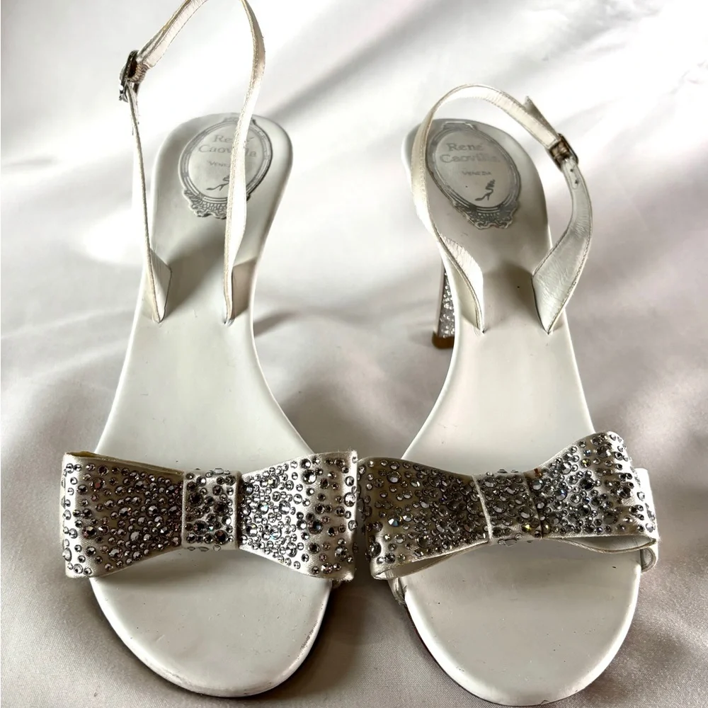 Rene Caovilla Crystal Bow Satin White Heels Bridal Evening Sandals