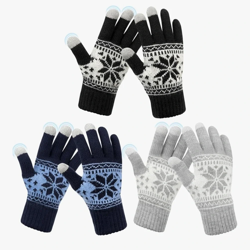 🆕 3 Pairs Touch Screen Gloves Snow Flower, Warm Knit Winter Gloves
