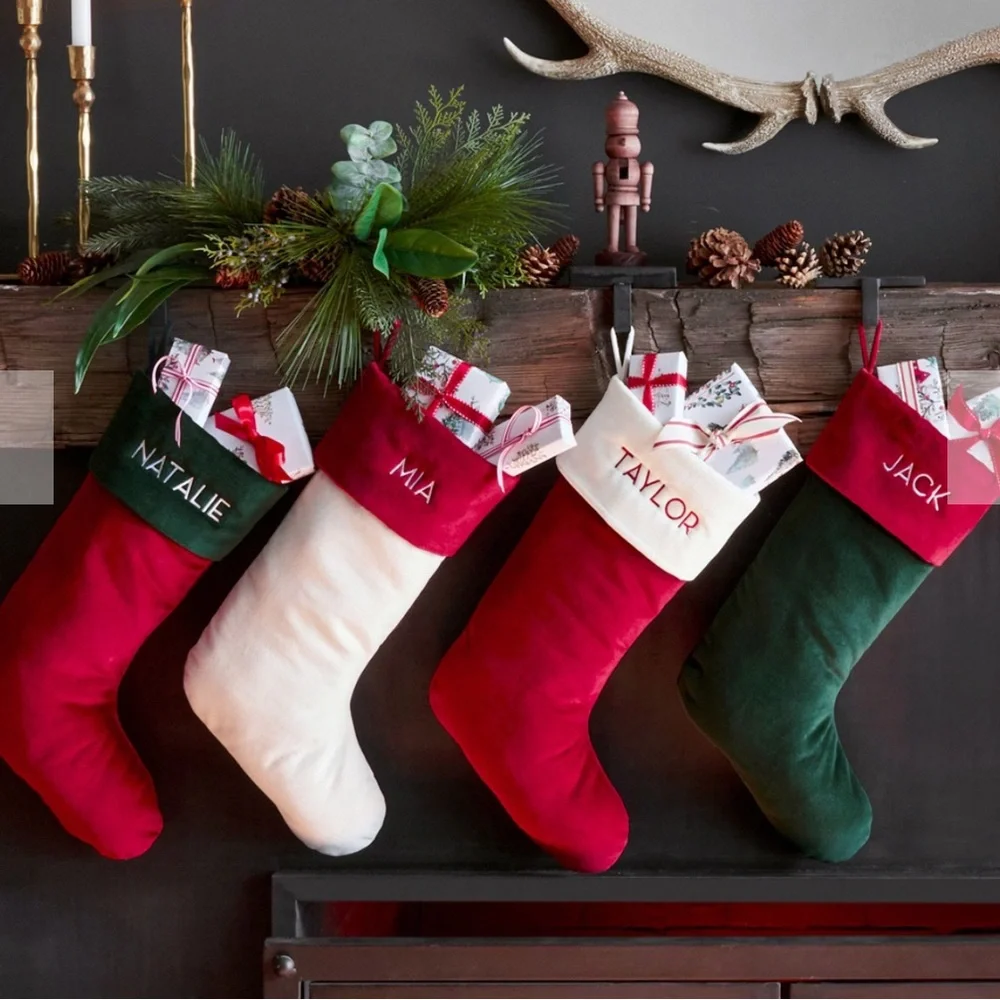 Pottery Barn Velvet Christmas Stocking Ivory with Red Cuff